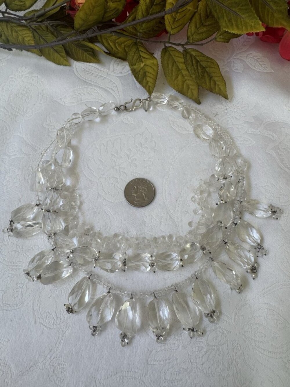 Vintage Art Deco Clear Glass Briolette Fringe Bib Necklace Sterling Silver Clasp